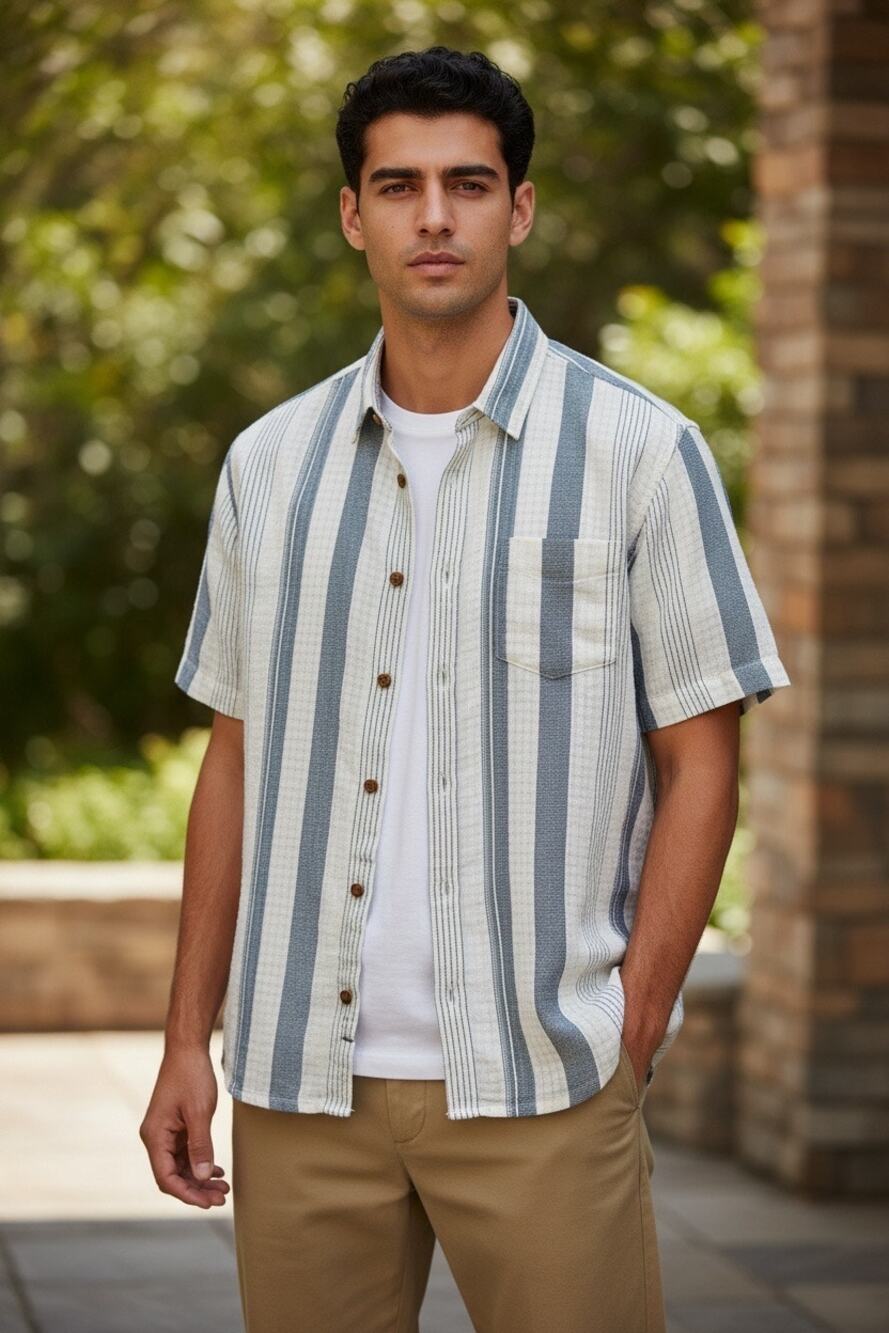 Free Planet Men's Striped Textured Gauze Button Up Shirt Blue White Short Sleeve